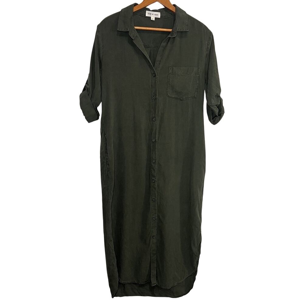Cloth & Stone Midi Shirt Dress Size M Olive Green Tencel Roll Tab Sleeves Fall